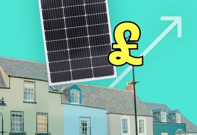 A row of terraced houses with a huge black solar panel above them, a yellow '£' sign, a white arrow pointing upwards, and a turquoise background