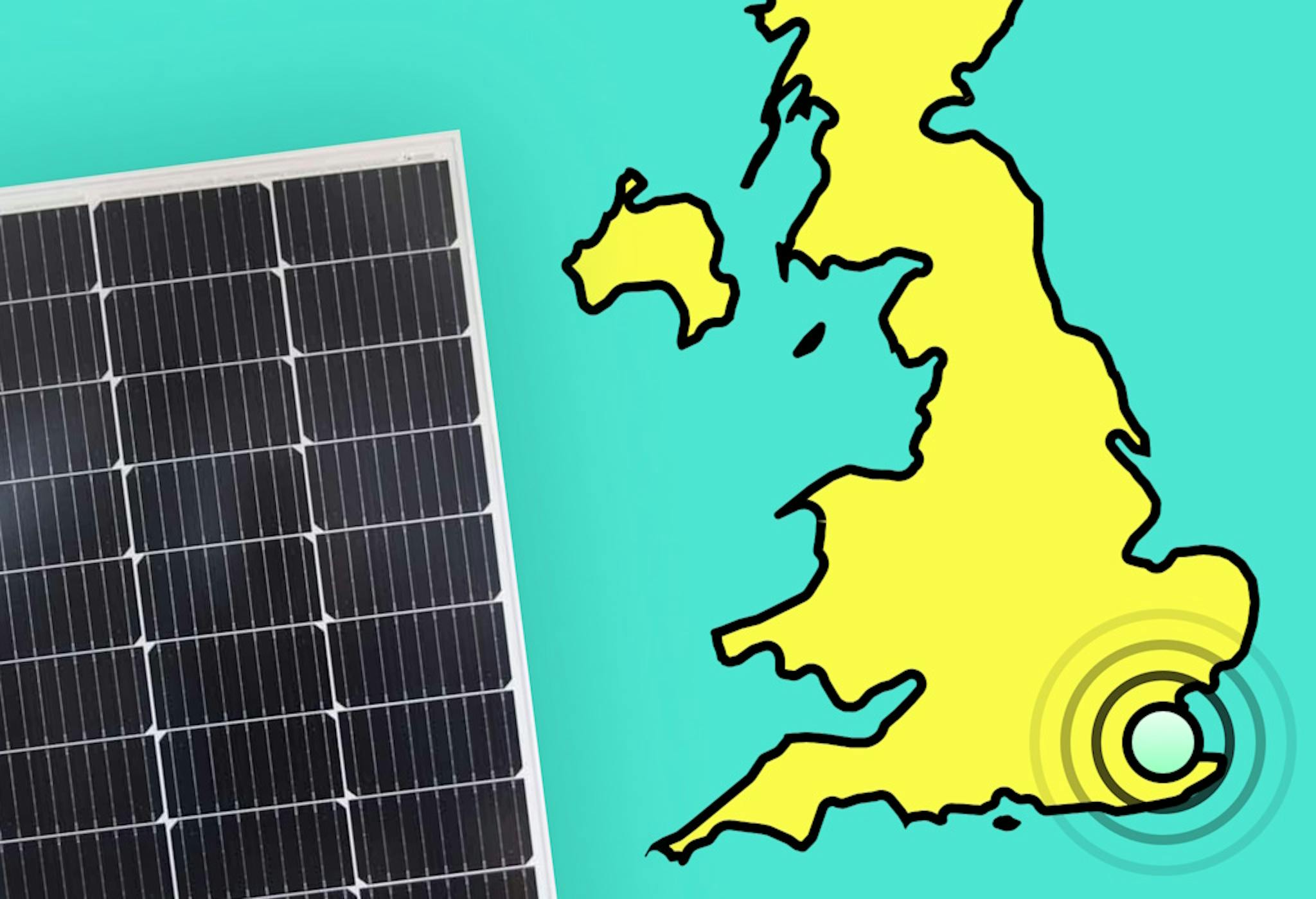 A graphic that has a cut-off map of the United Kingdom on the right with concentric circles emanating from Kent, and a photo of a black solar panel on the left. The UK is yellow and outlined in black, and the background is aquamarine