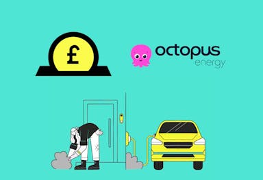 A graphic with a yellow pound coin going into a black slot, next to an Octopus Energy logo, above a person touching a plant next to their yellow electric car being charging by an electric home charger. The background is aquamarine