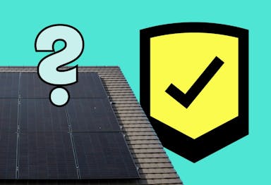 Black solar panels on a roof, blue question mark above them, yellow shield next to them with a black tick on it, turquoise background