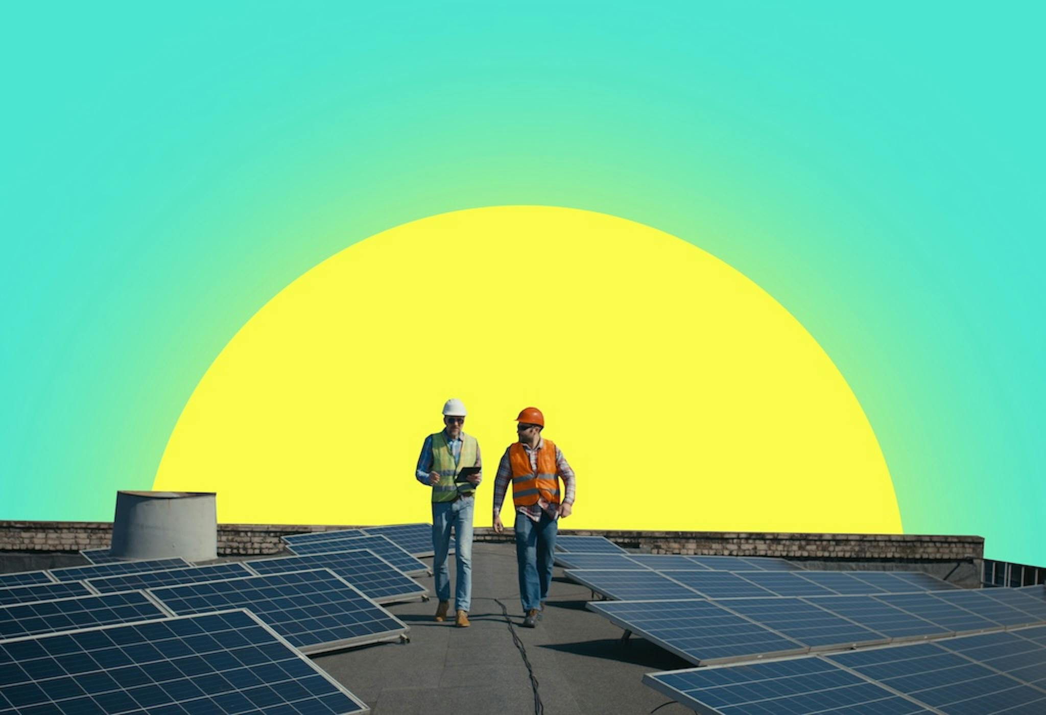 Two solar panel installers walking across a flat roof which is covered in solar panels, cartoon yellow sun rising behind them, turquoise sky