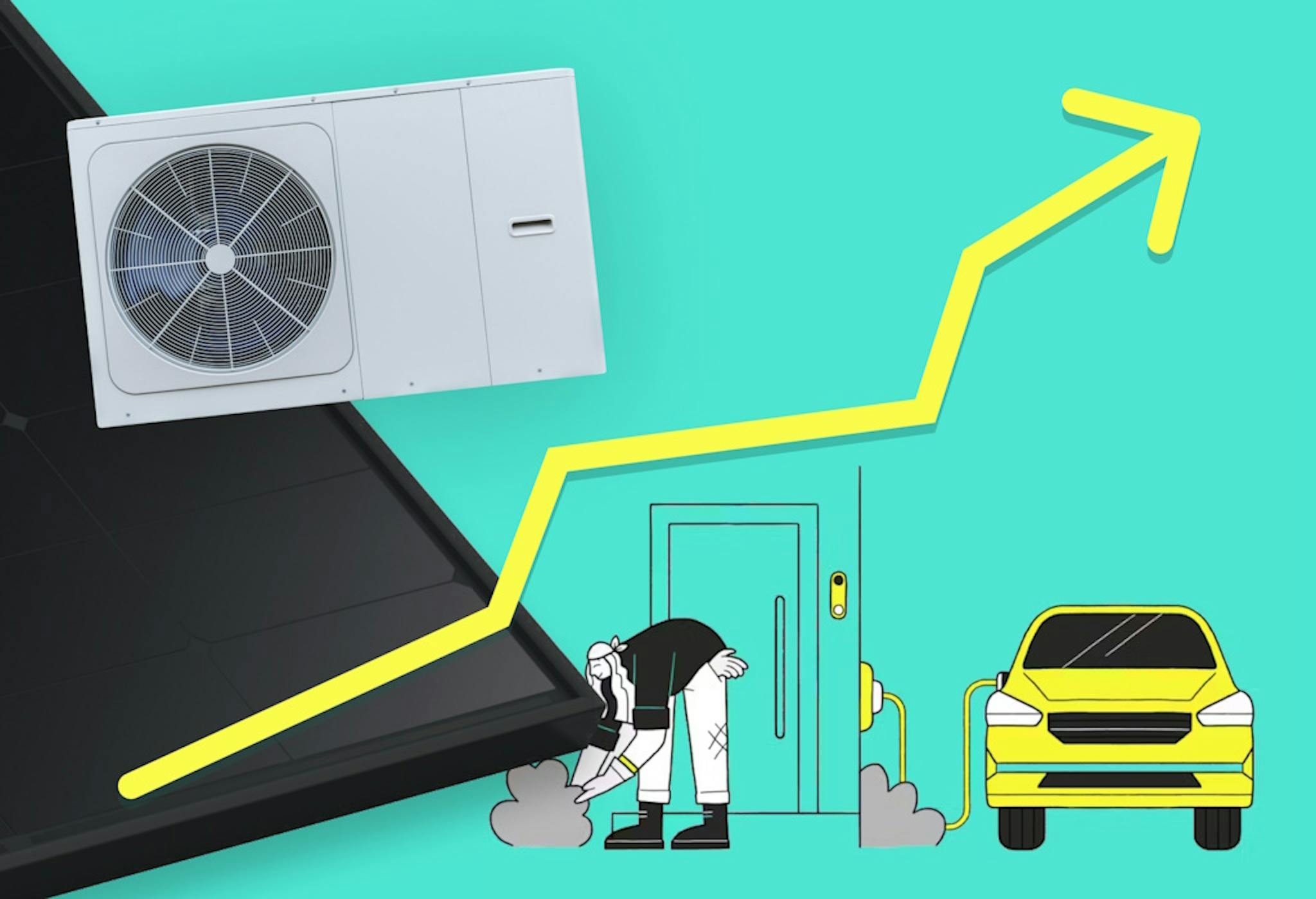 A graphic with a yellow arrow moving from the bottom left to top right pound in the style of a chart, above a person touching a plant next to their yellow electric car being charging by an electric home charger, an image of a black solar panel, and an image of a heat pump. The background is aquamarine