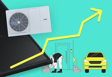 A graphic with a yellow arrow moving from the bottom left to top right pound in the style of a chart, above a person touching a plant next to their yellow electric car being charging by an electric home charger, an image of a black solar panel, and an image of a heat pump. The background is aquamarine