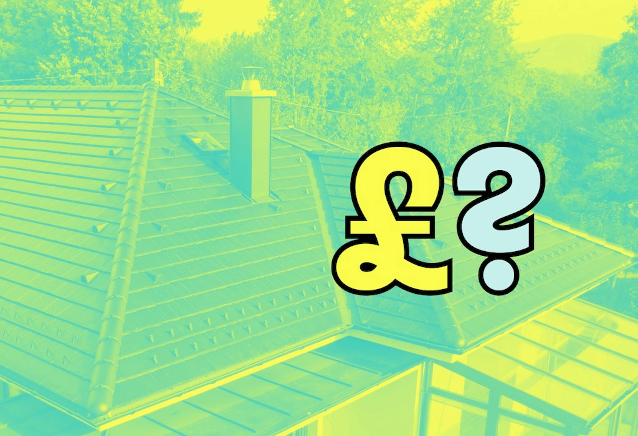 A house with solar roof tiles, a chimney and conservatory, trees in the background, yellow filter overlaid, big cartoon yellow '£' symbol and pale blue question mark