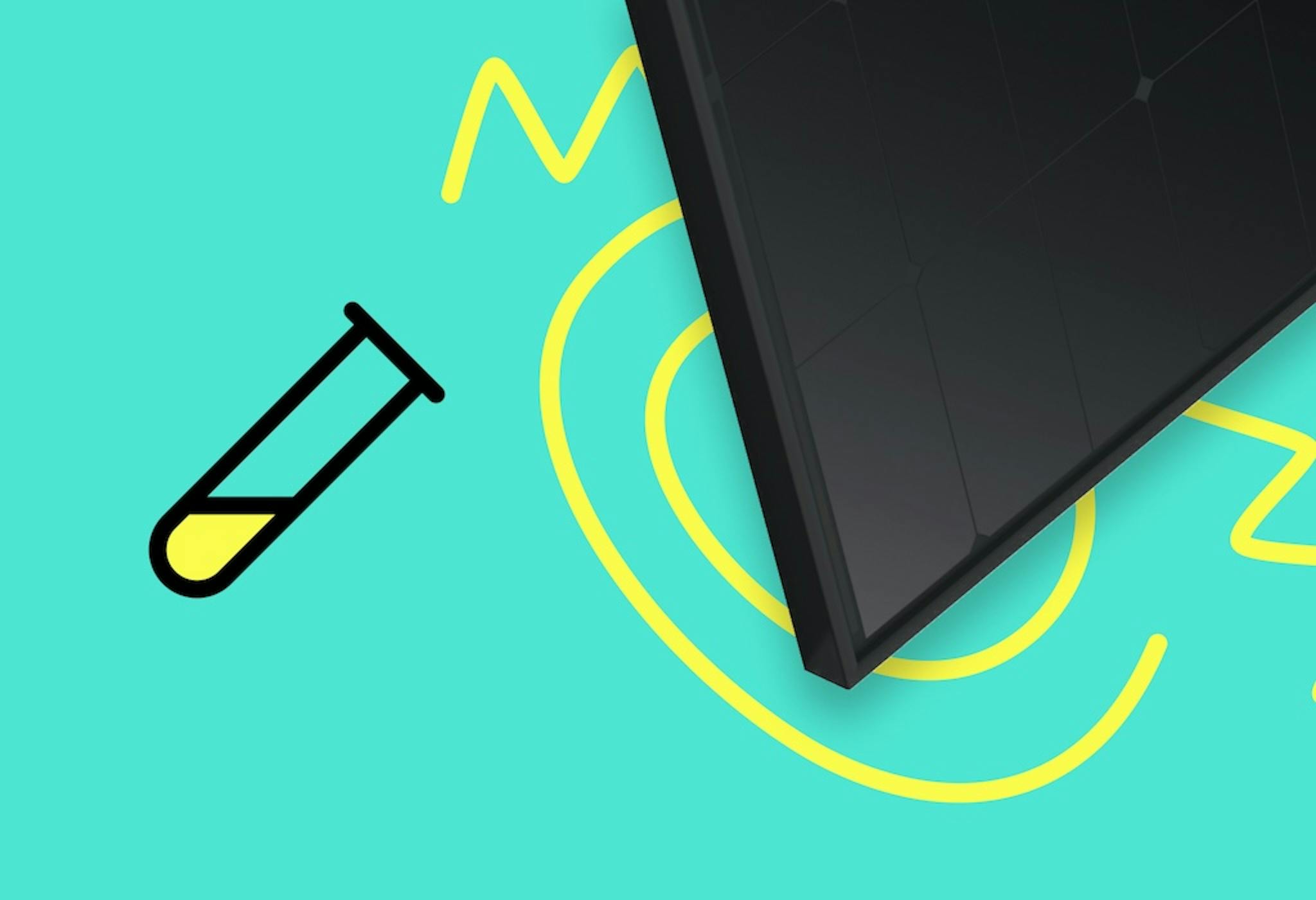 The corner of a black solar panel with yellow squiggly lines around it, a cartoon test tube beside it with some yellow liquid, teal background