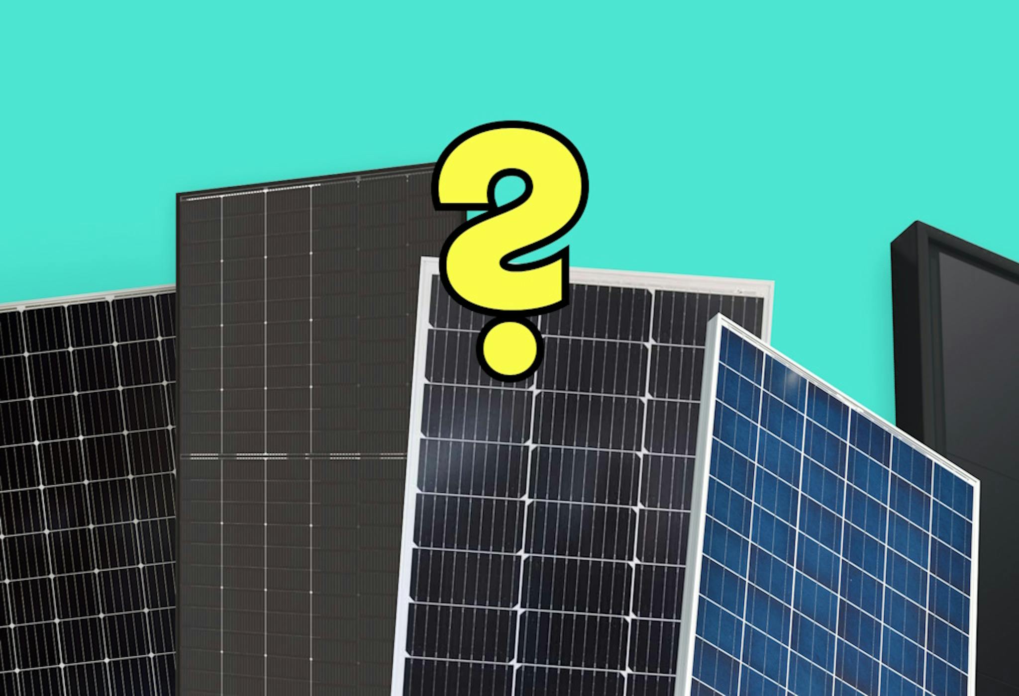 A graphic with a yellow question mark in front of five black and blue solar panels, against an aquamarine background