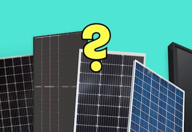 A graphic with a yellow question mark in front of five black and blue solar panels, against an aquamarine background