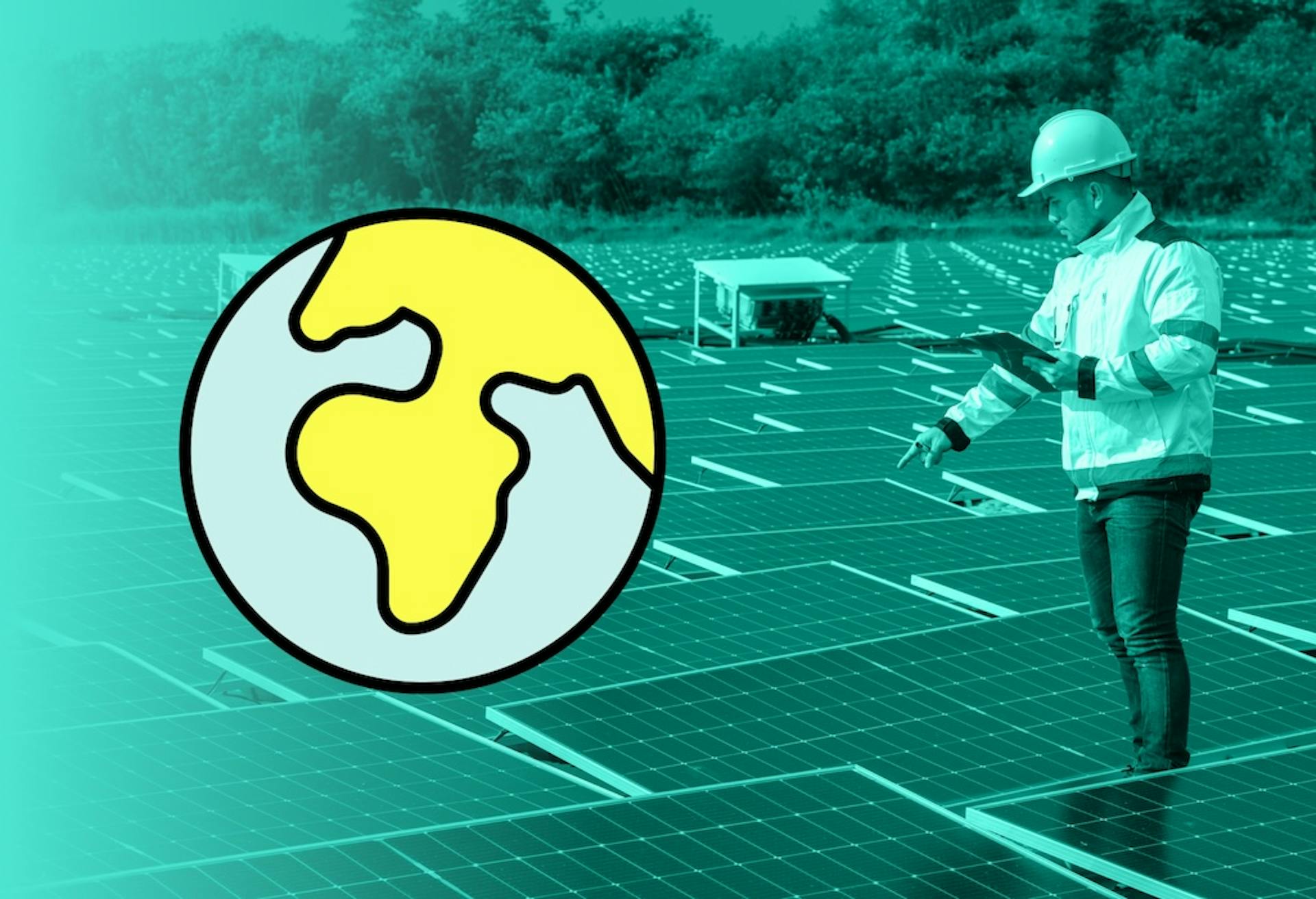 A man in high viz jacket and hardhat inspects a field of solar panels, blue filter overlaid, cartoon Earth globe next to him