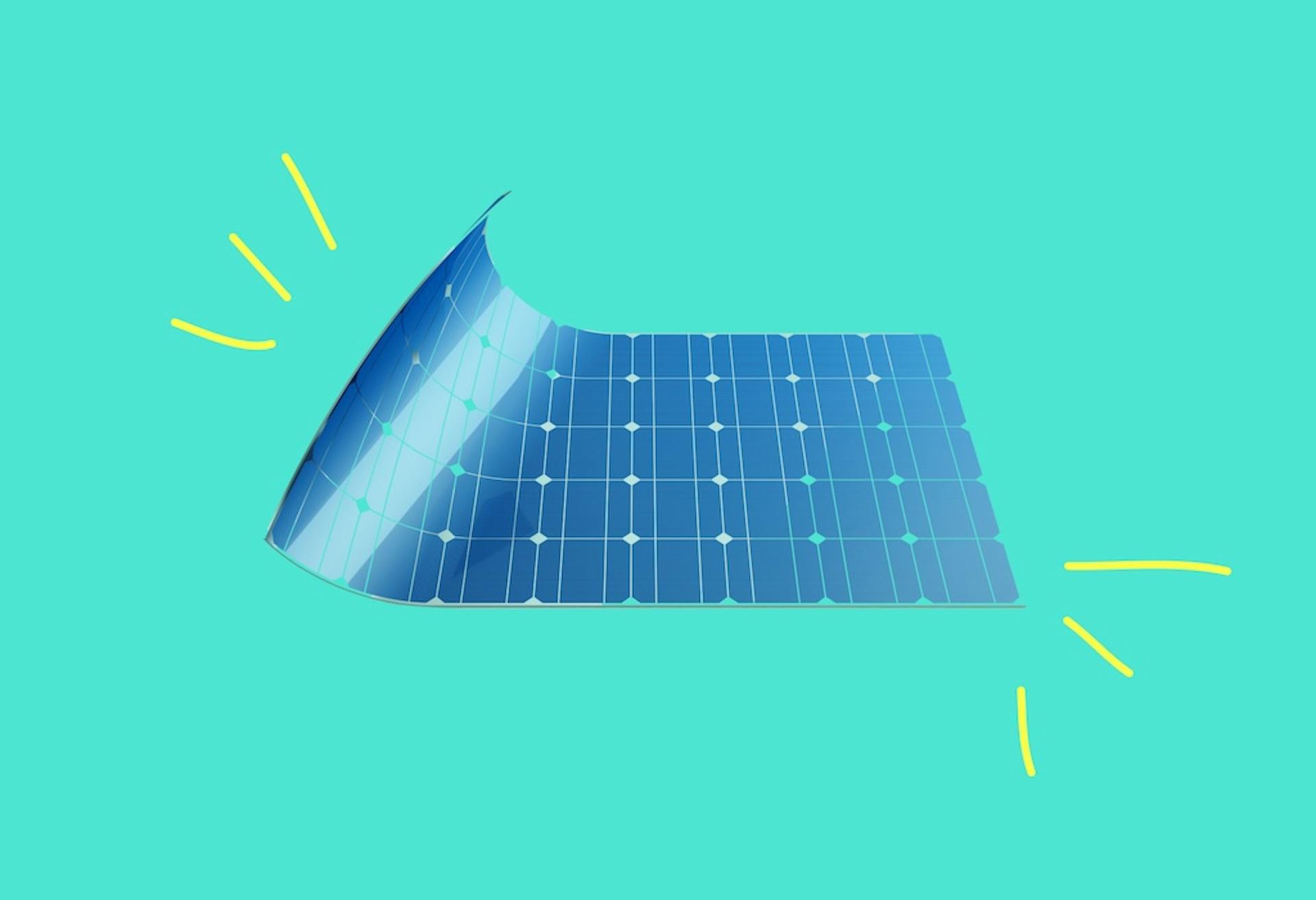 A layer of blue thin-film solar cells bending up in the top left corner, yellow squiggly lines around it, teal background