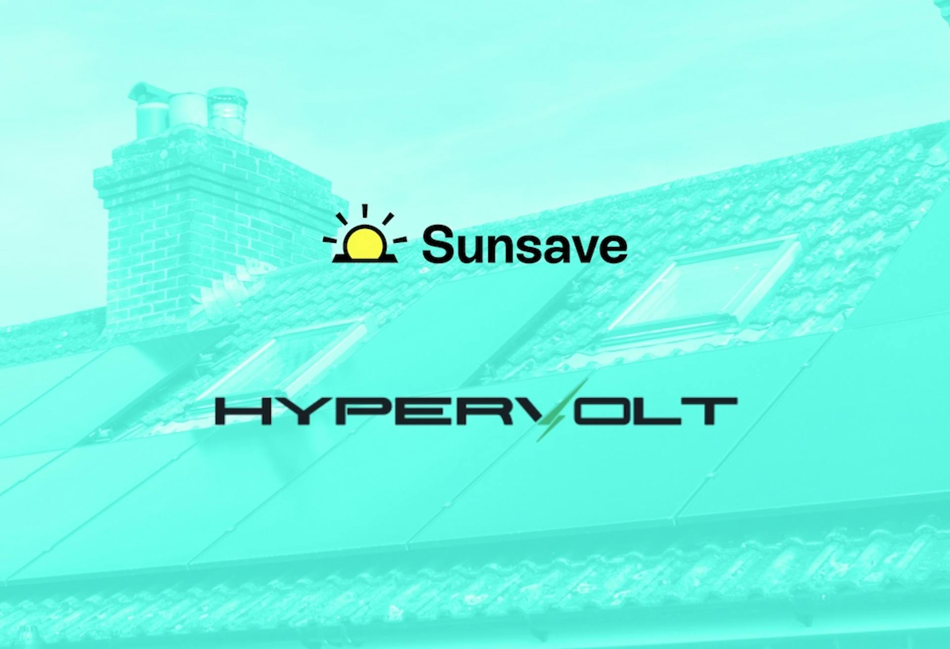 Solar panels on a rooftop, teal filter overlaid, the Sunsave logo above the Hypervolt logo