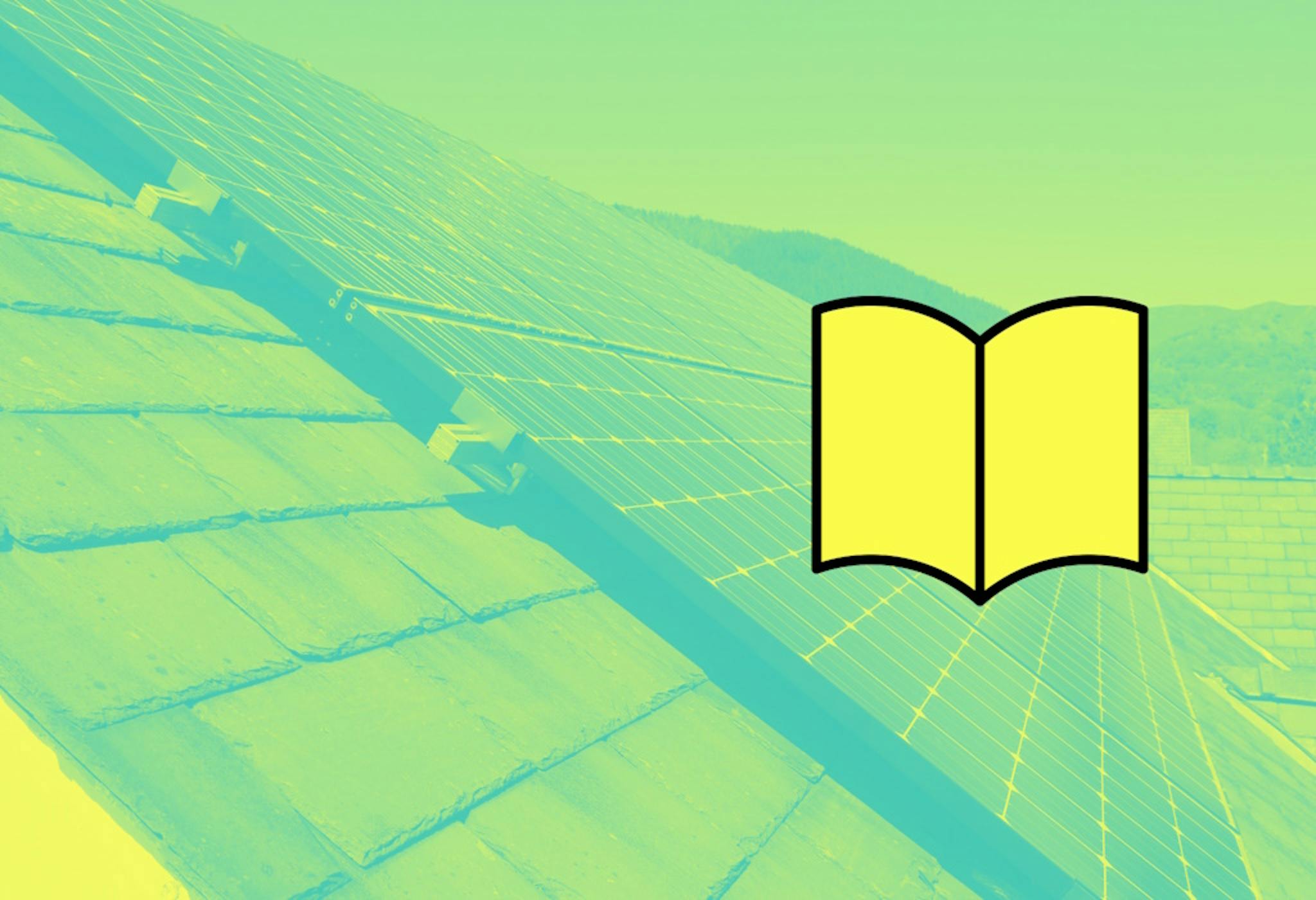 Solar panels on a slate roof, with a representation of a yellow and black book over the top