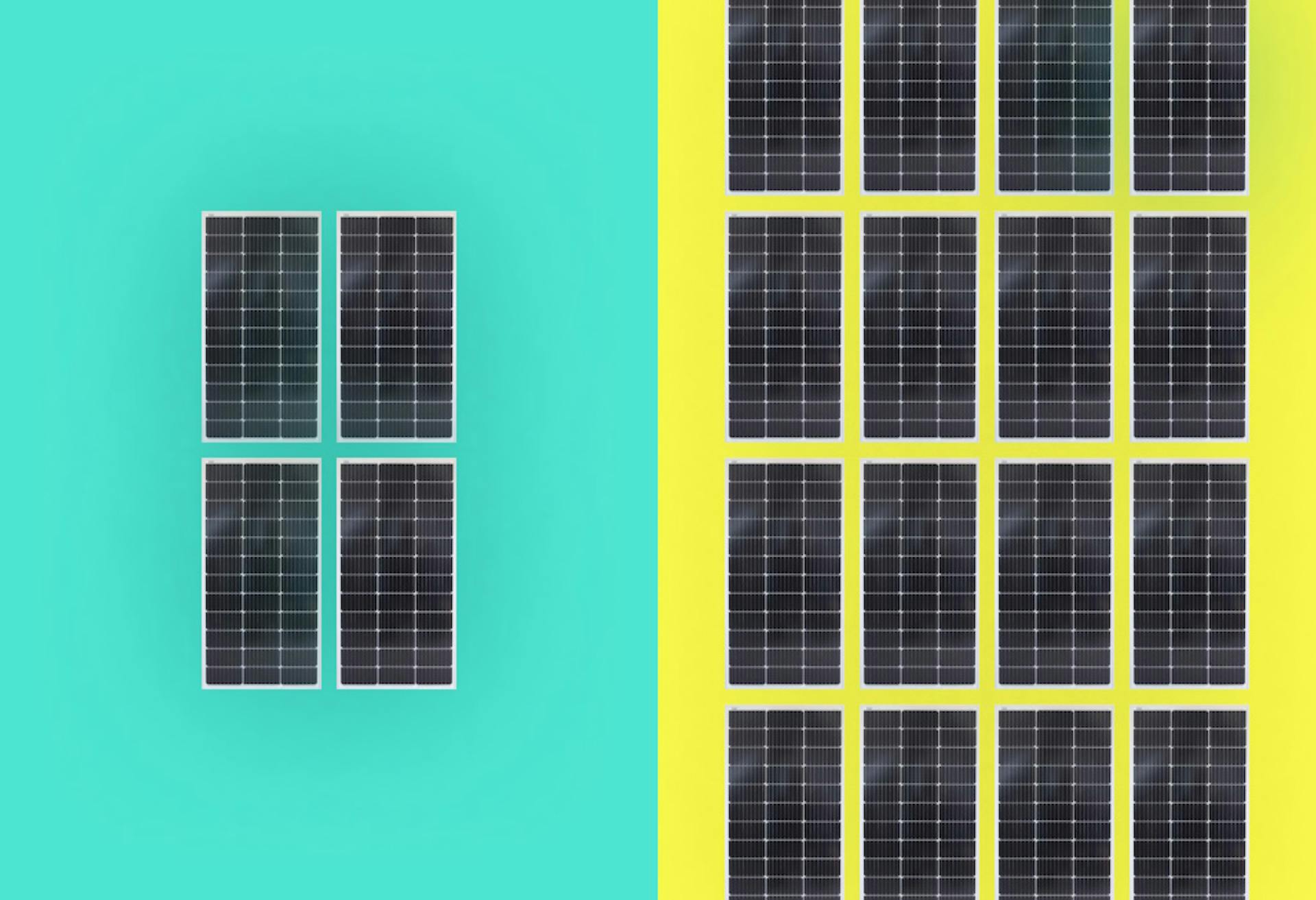 The graphic is split into two. There are four solar panels against an aquamarine background on the left, and 16 solar panels against a yellow background on the right