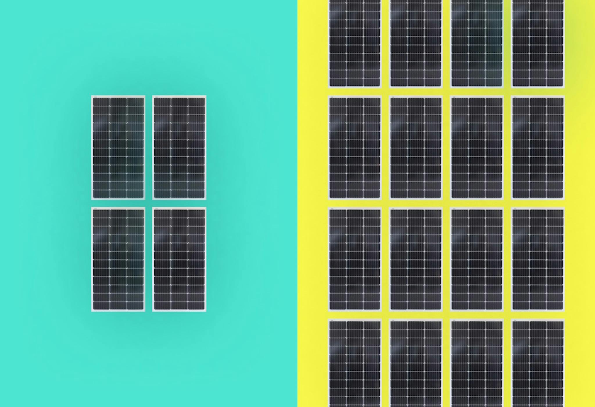 The graphic is split into two. There are four solar panels against an aquamarine background on the left, and 16 solar panels against a yellow background on the right