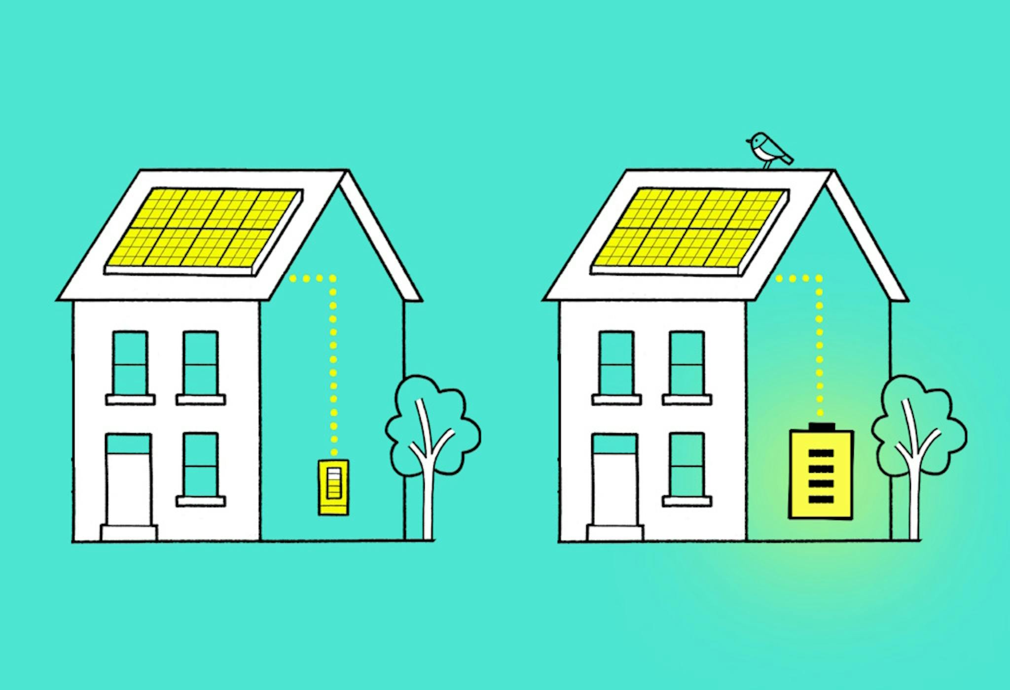 A graphic with houses that have yellow solar panels and batteries. The home on the right has a much bigger batter. It's all against an aquamarine background