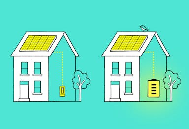 A graphic with houses that have yellow solar panels and batteries. The home on the right has a much bigger batter. It's all against an aquamarine background