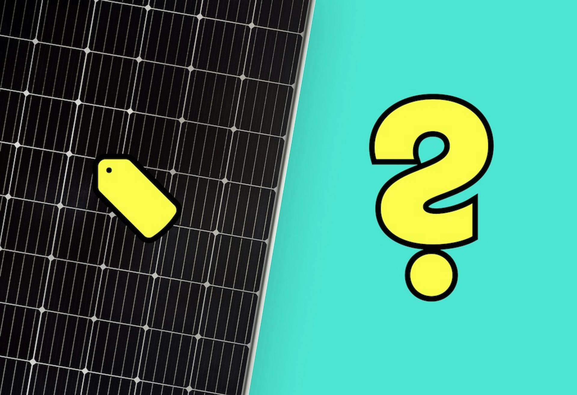 Black solar panel with a yellow price tag on it, big yellow question mark next to it, teal background