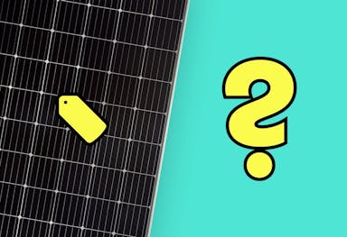 Black solar panel with a yellow price tag on it, big yellow question mark next to it, teal background