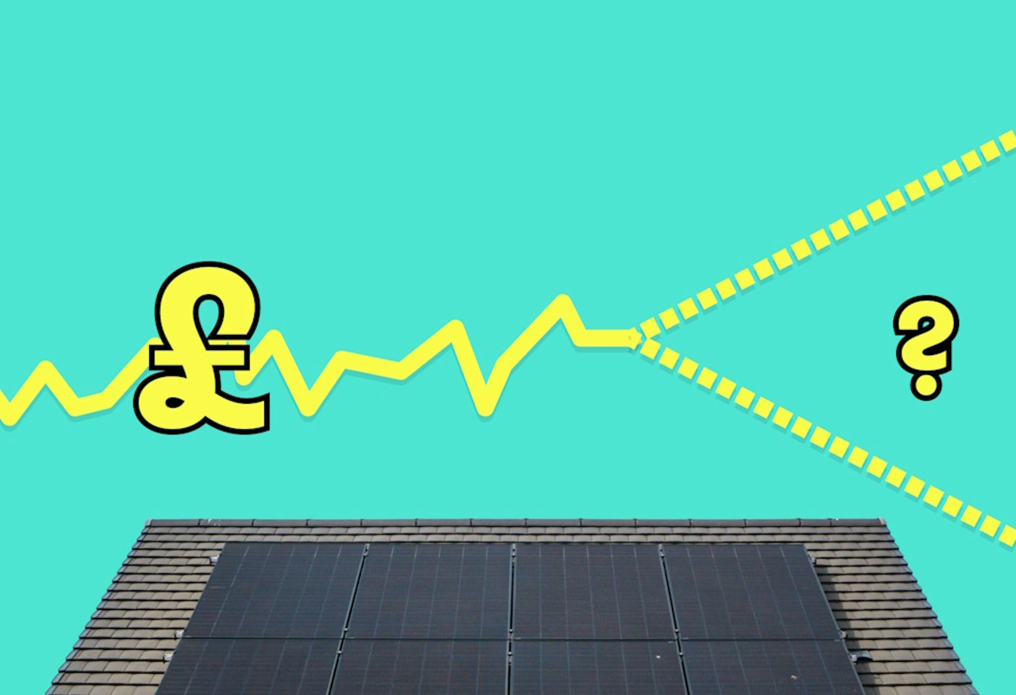 Above a roof with solar panels on it, a yellow pound sign outlined in black sits on a line going up and down, until it reaches the right-hand side of the image, where it diverges on two dotted lines, one going up and one going down, either side of a question mark, all against an aquamarine background