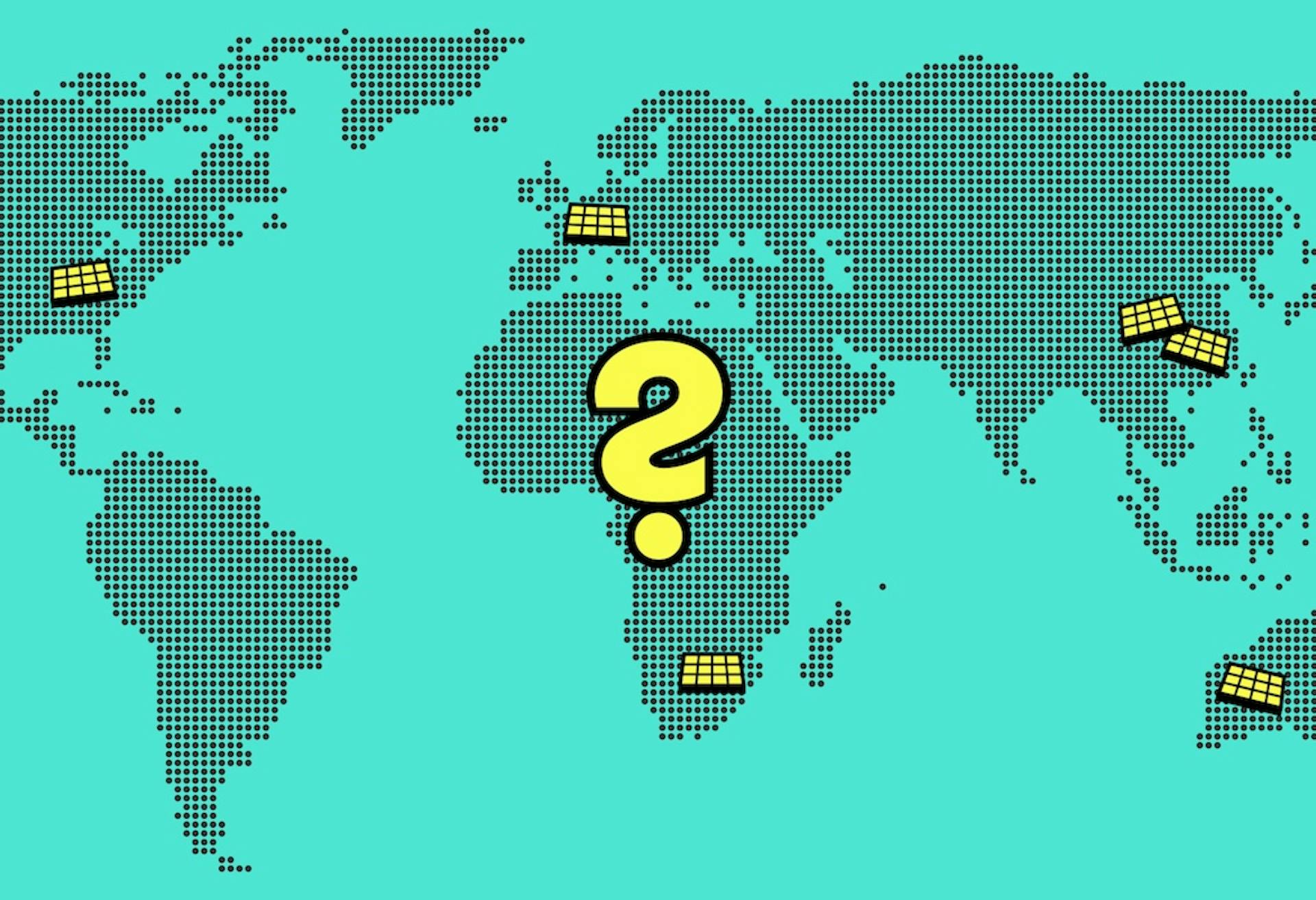 World map with teal-coloured oceans, small yellow cartoon solar panels dotted around, big yellow question mark in the centre