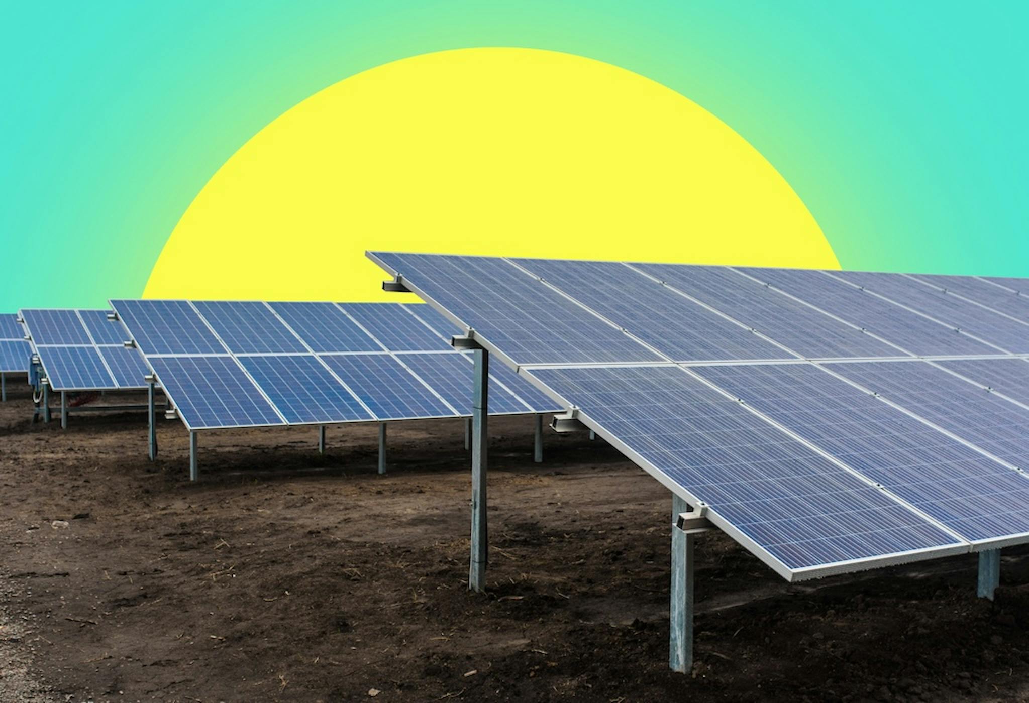 Solar panels mounted on poles on soily ground, cartoon yellow sun coming behind them, teal sky