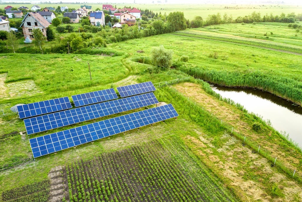 An array of blue solar panels in a big green field, houses in the background