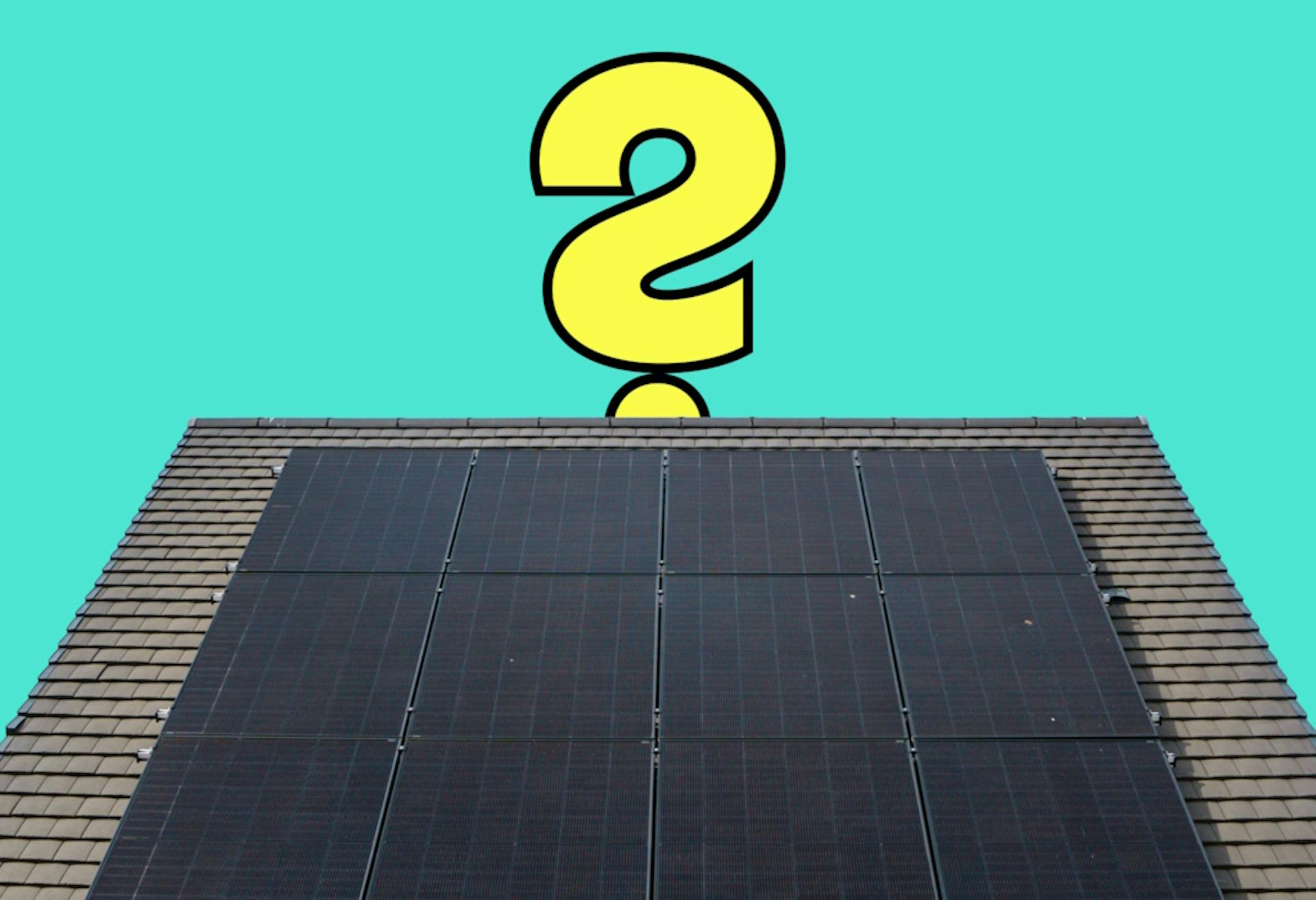 A yellow question mark outlined in black, above a grey roof with black solar panels, all against an aquamarine background