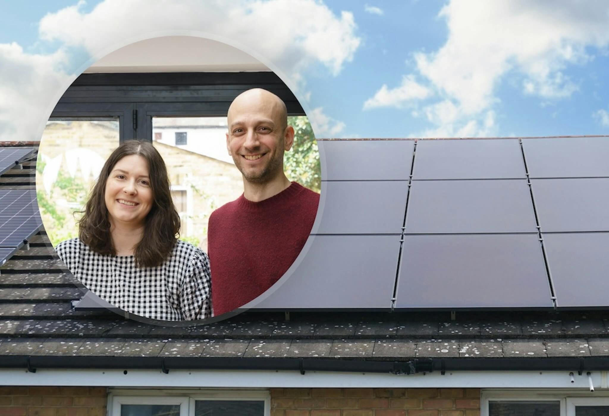 Sunsave Plus customers Themis and Freya stood side by side in their kitchen, framed in a circle, their solar panel system in the background