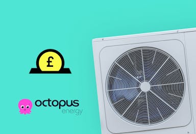 A yellow pound coin going into a black spot above the Octopus Energy logo, next to a grey heat pump, all against an aquamarine background