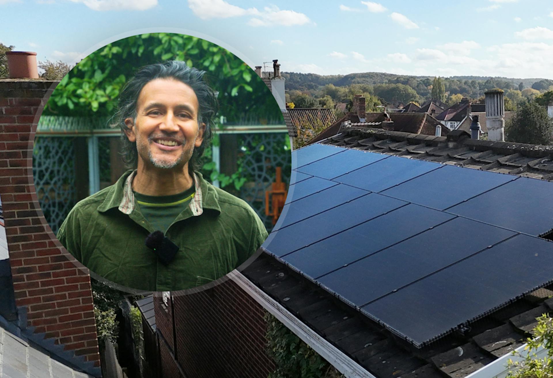 Man in a circle against a fence and trees, against a background of solar panels on a roof