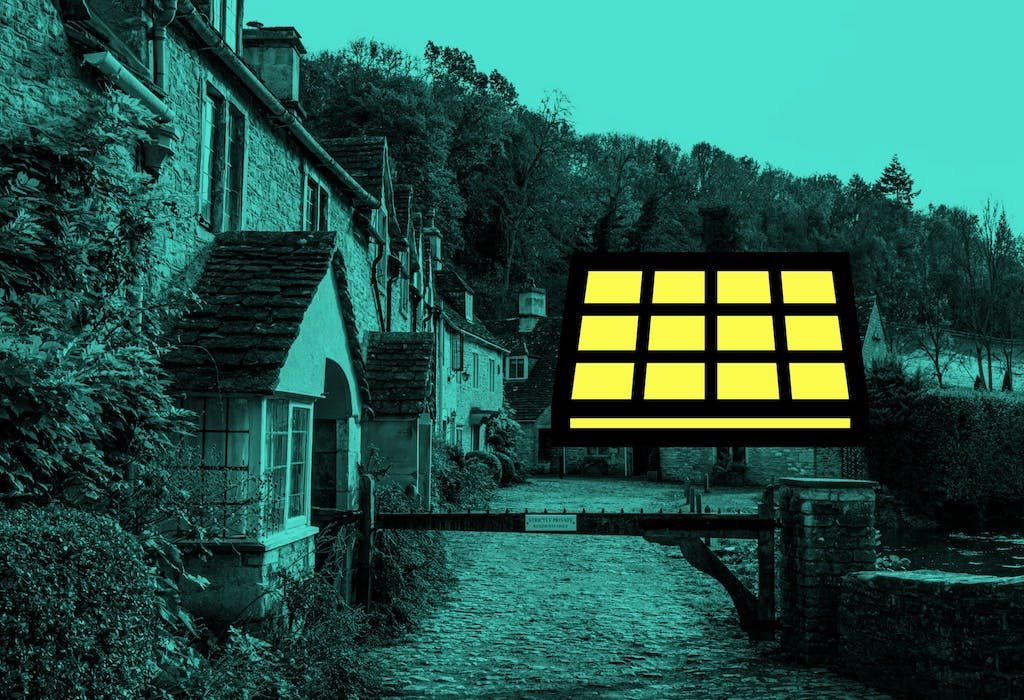 A row of cottages in the UK, a blue filter over the top, and a cartoon yellow solar panel to the right hand side