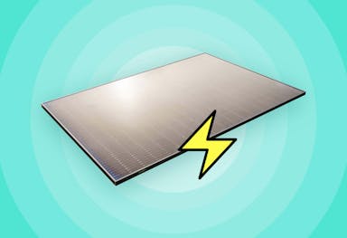 A solar panel with light reflecting off it, a carton yellow lightning bolt, and a turquoise background