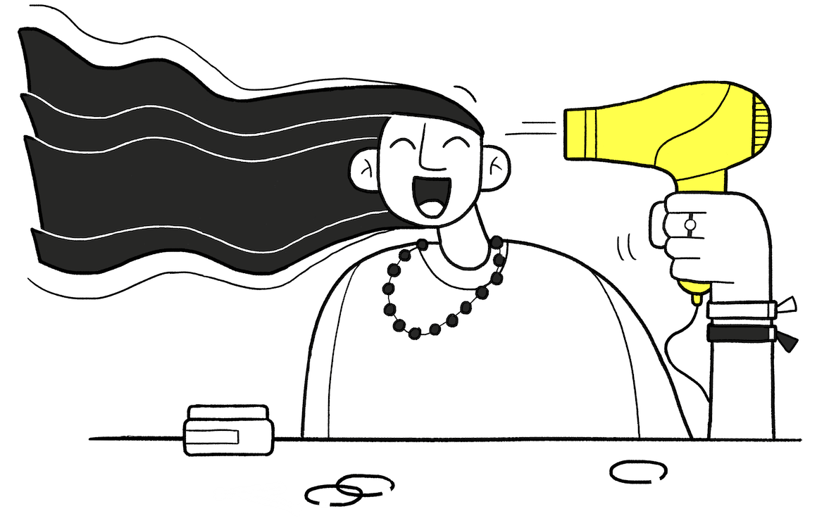 Illustration of person blow drying their hair