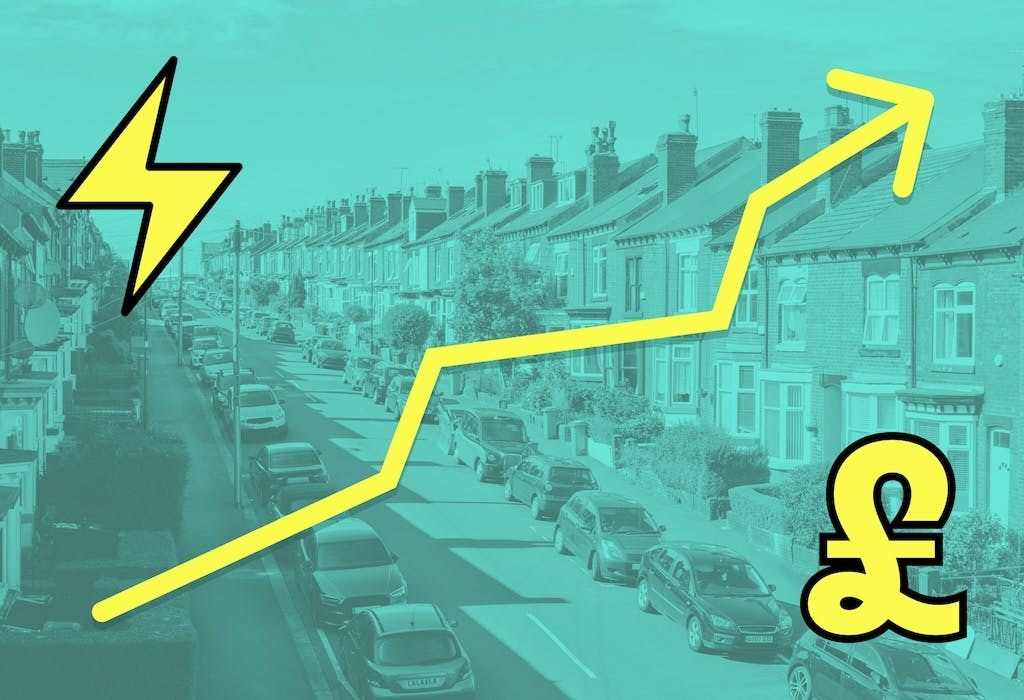 Photo of terraced houses in the UK, pale blue filter over the top, bolt of electricity in the top left, '£' sign in the bottom right, yellow arrow going through the middle