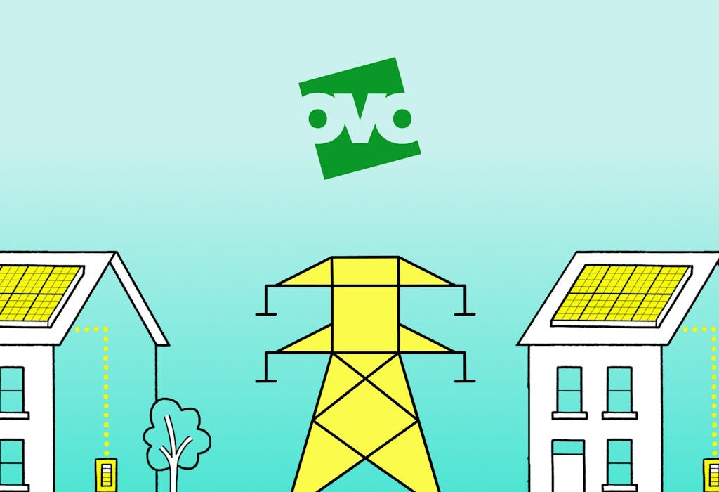 The green OVO logo above a graphic of an electricity pylon and two houses, against an aquamarine background