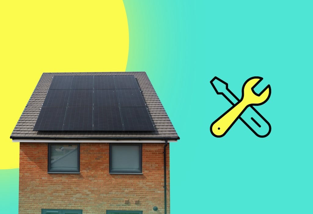 New build home with solar panels on the roof, cartoon spanner and screwdriver next to it, teal background, sun in top left corner