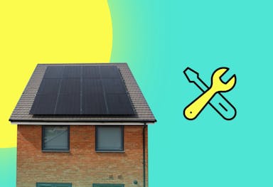 New build home with solar panels on the roof, cartoon spanner and screwdriver next to it, teal background, sun in top left corner