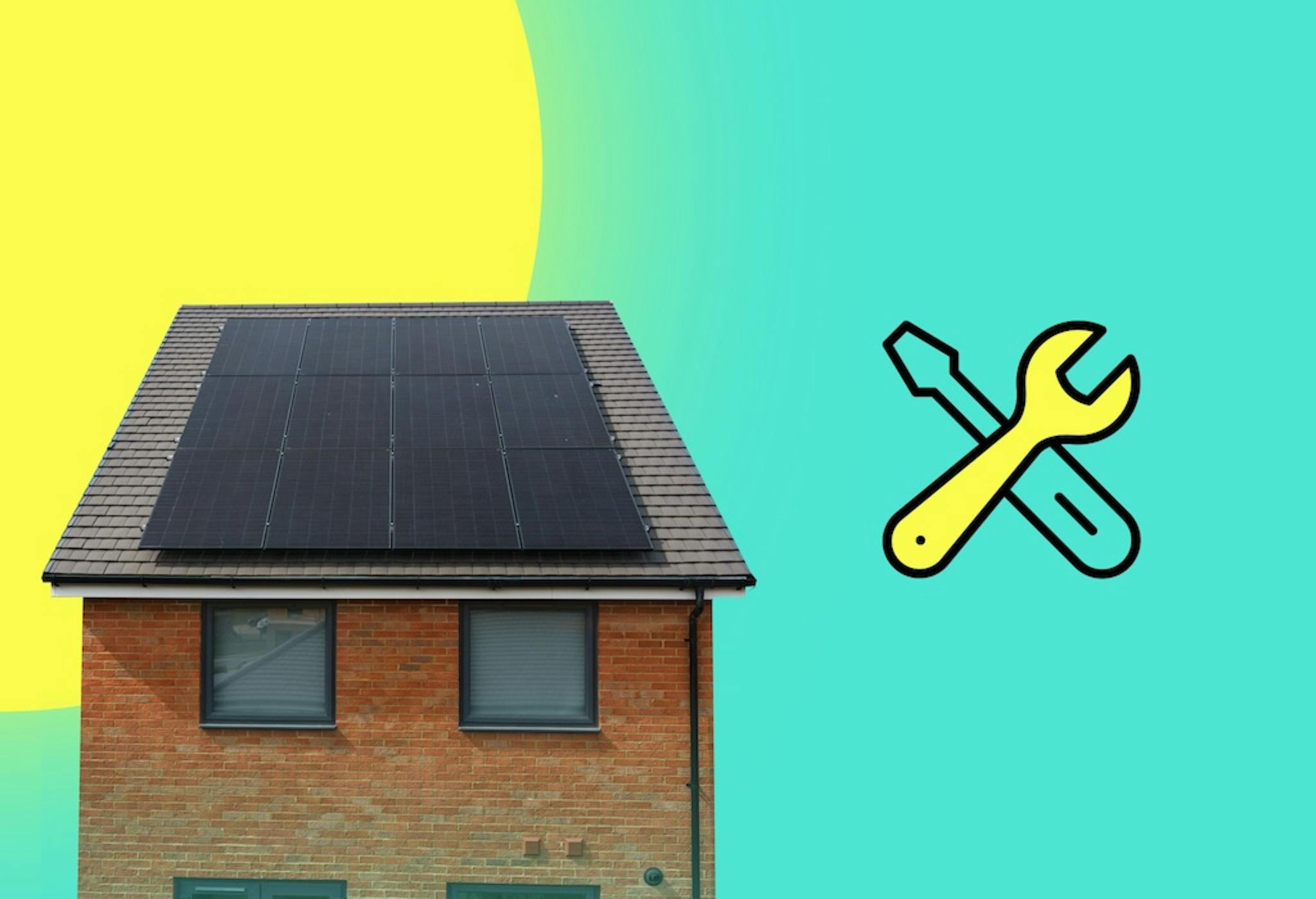 New build home with solar panels on the roof, cartoon spanner and screwdriver next to it, teal background, sun in top left corner