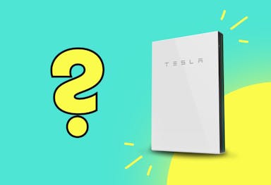 A yellow question mark by a Tesla Powerwall battery and sun, against an aquamarine background