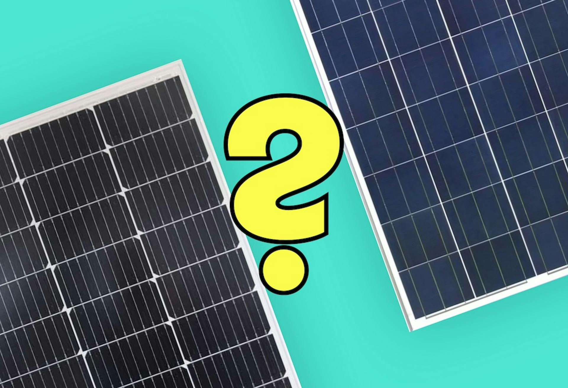 A black solar panel next to a blue solar panel with a yellow question mark in between them, teal background