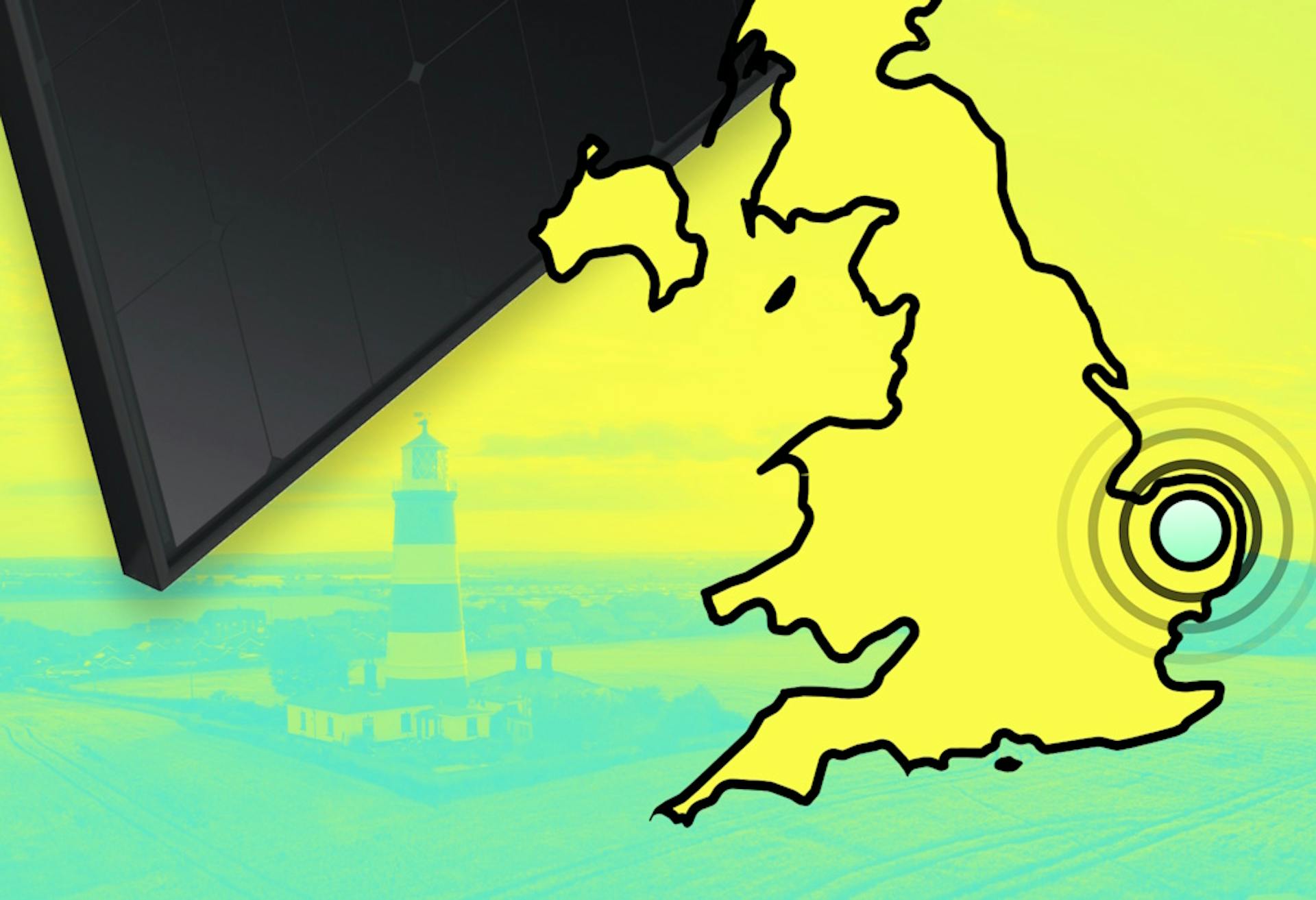 A yellow map of the UK, against a black solar panel and an aquamarine and yellow background showing Norfolk