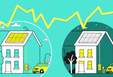 Graphics featuring two houses, one shown during the day and one at night, against a yellow line going up and down and an aquamarine background