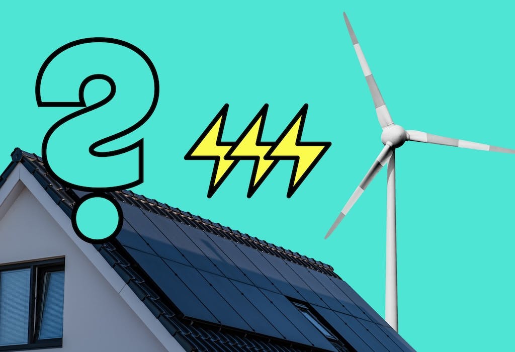 Solar panels on a roof, wind turbine behind it, three cartoon yellow bolts of electricity, teal question mark and teal sky in background