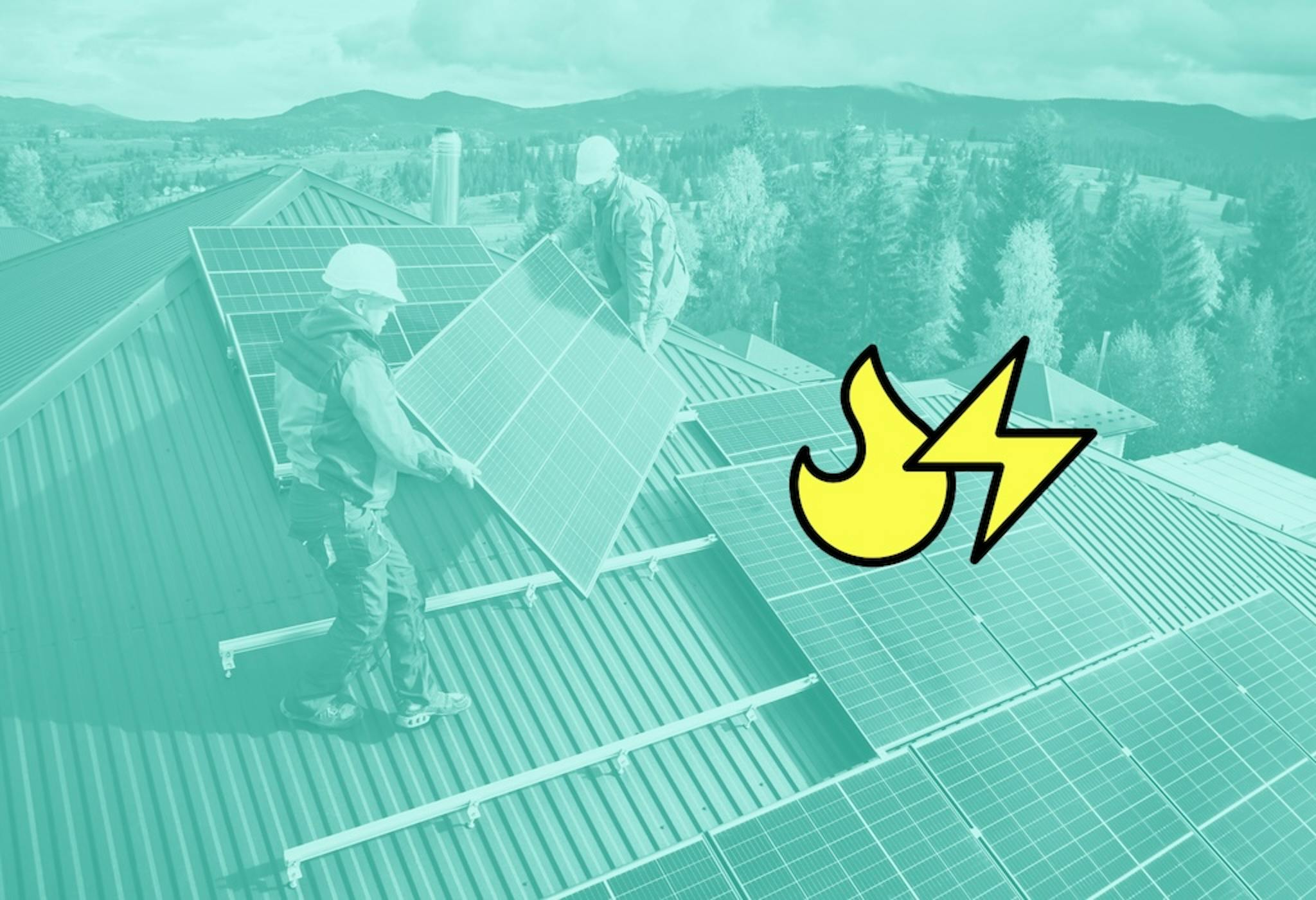 People installing solar panels on a rooftop, pale blue filter overlaid, yellow cartoon fire and electricity symbols to the right hand side