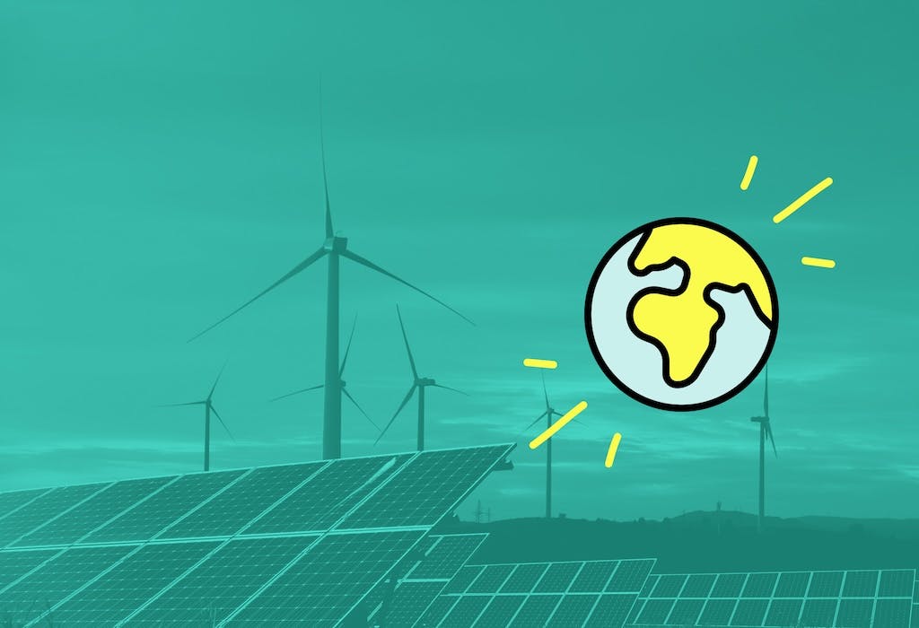 A solar farm with wind turbines in the background, pale blue filter overlaid, cartoon globe with yellow lines around it