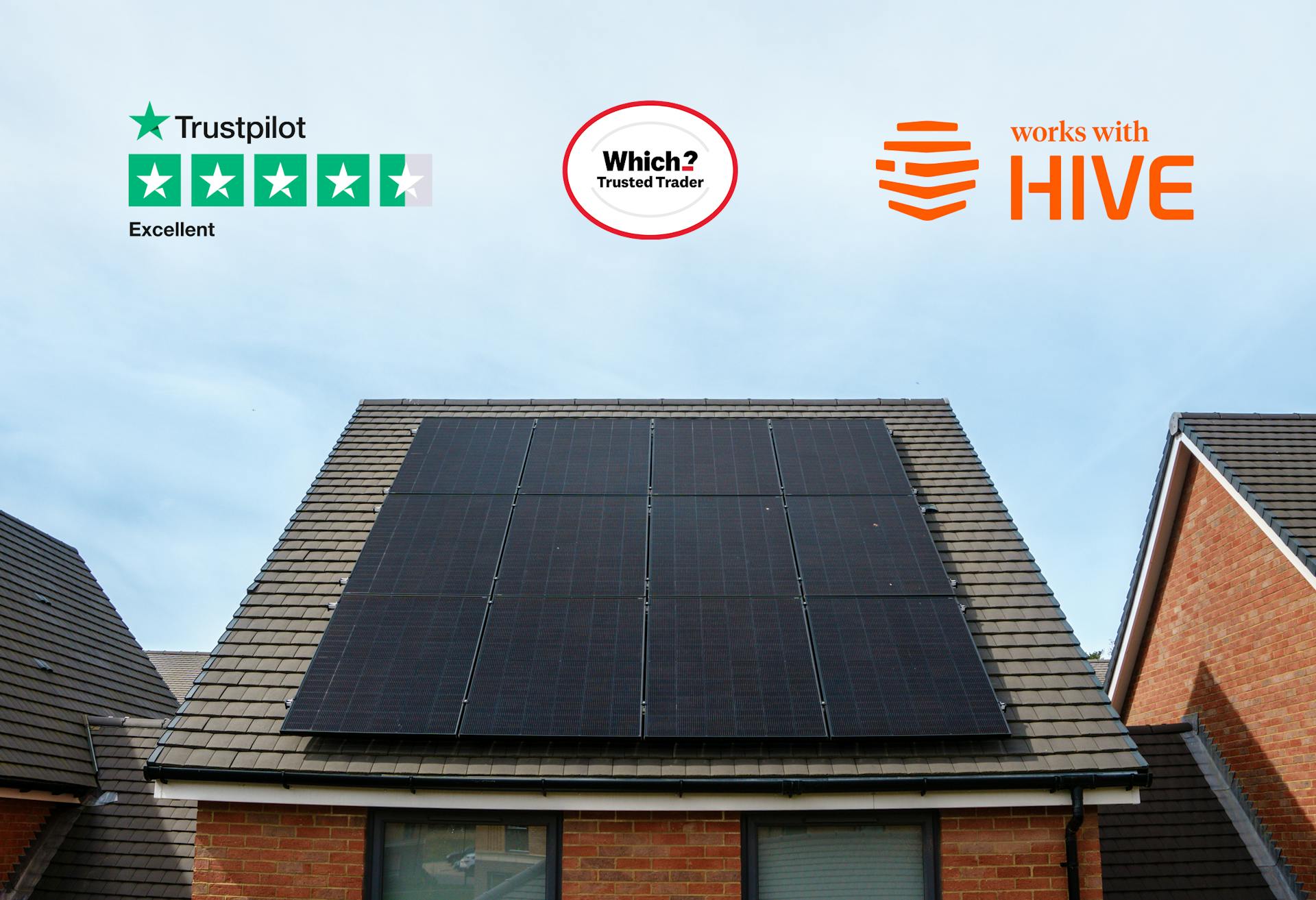 Solar panels on the roof of a new build home, three logos above it: Trustpilot, Which? and Hive