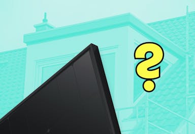 A yellow question mark, next to a black solar panel, against an aquamarine-tinged photo of a house with a dormer