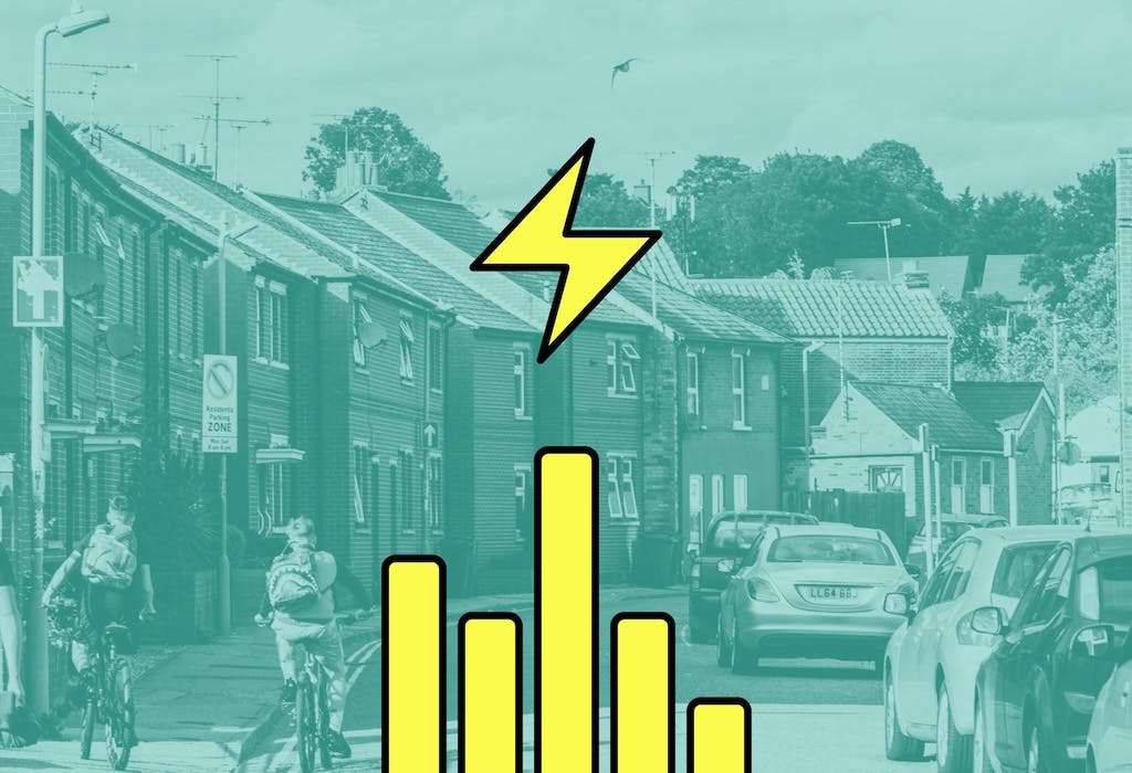 Residential UK street with cars and bicycles, blue filter on top, yellow bars from a bar chart, with yellow cartoon electricity symbol above them