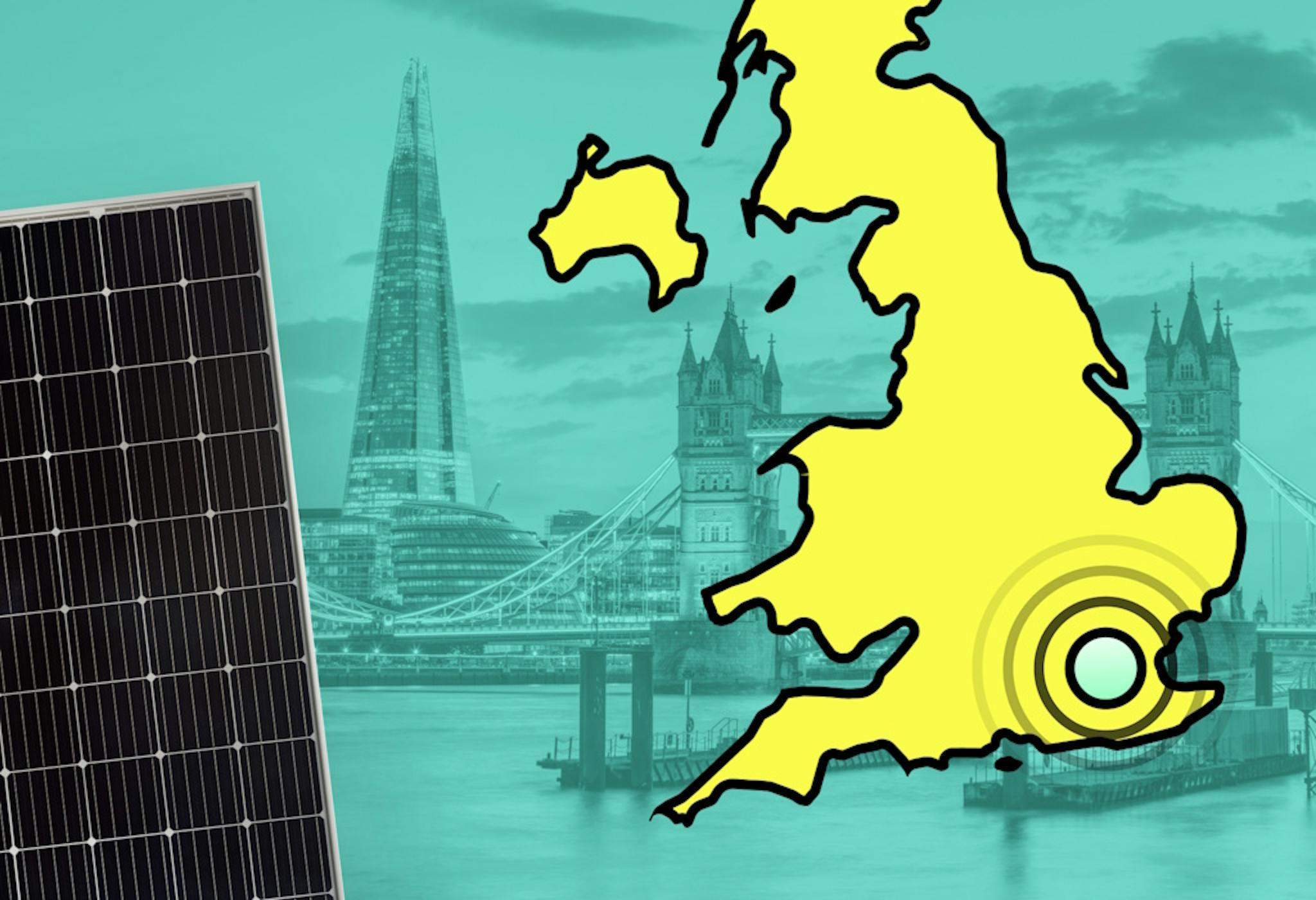 A yellow map of the UK, next to a black solar panel, and against an aquamarine background showing London