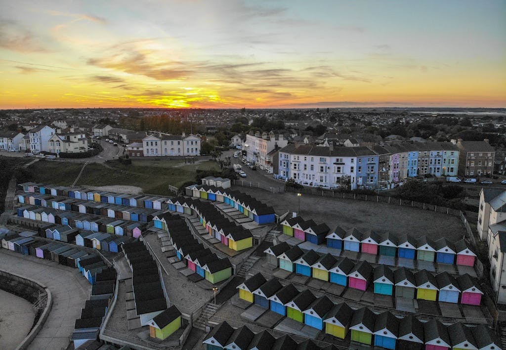 A bird's-eye view of UK seaside town Walton-on-the-Naze at sunrise