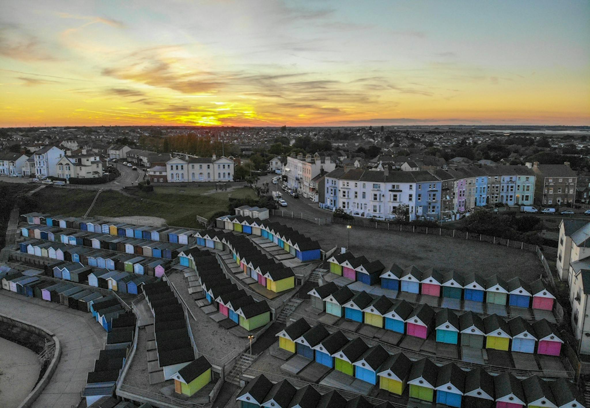 A bird's-eye view of UK seaside town Walton-on-the-Naze at sunrise